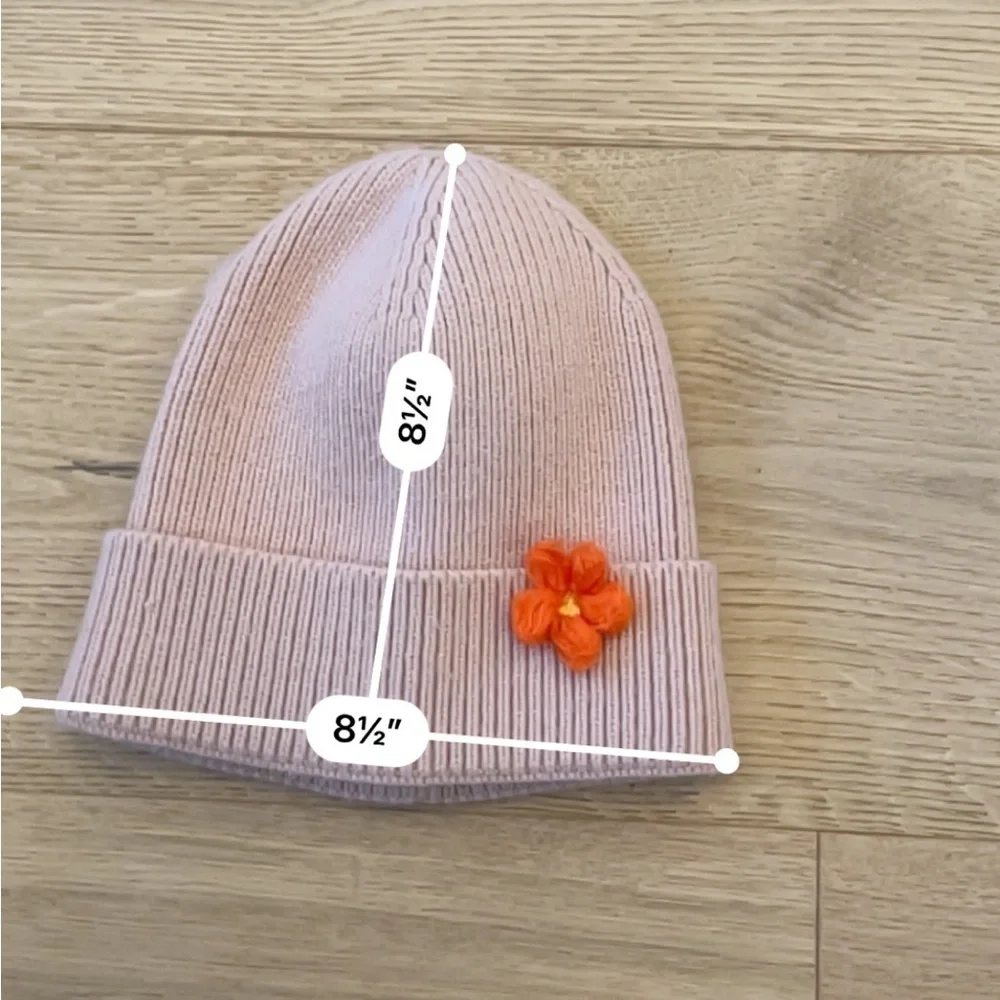 Girls Peach Pink Knit Beanie Orange Flower Cuffed Winter Hat One Size